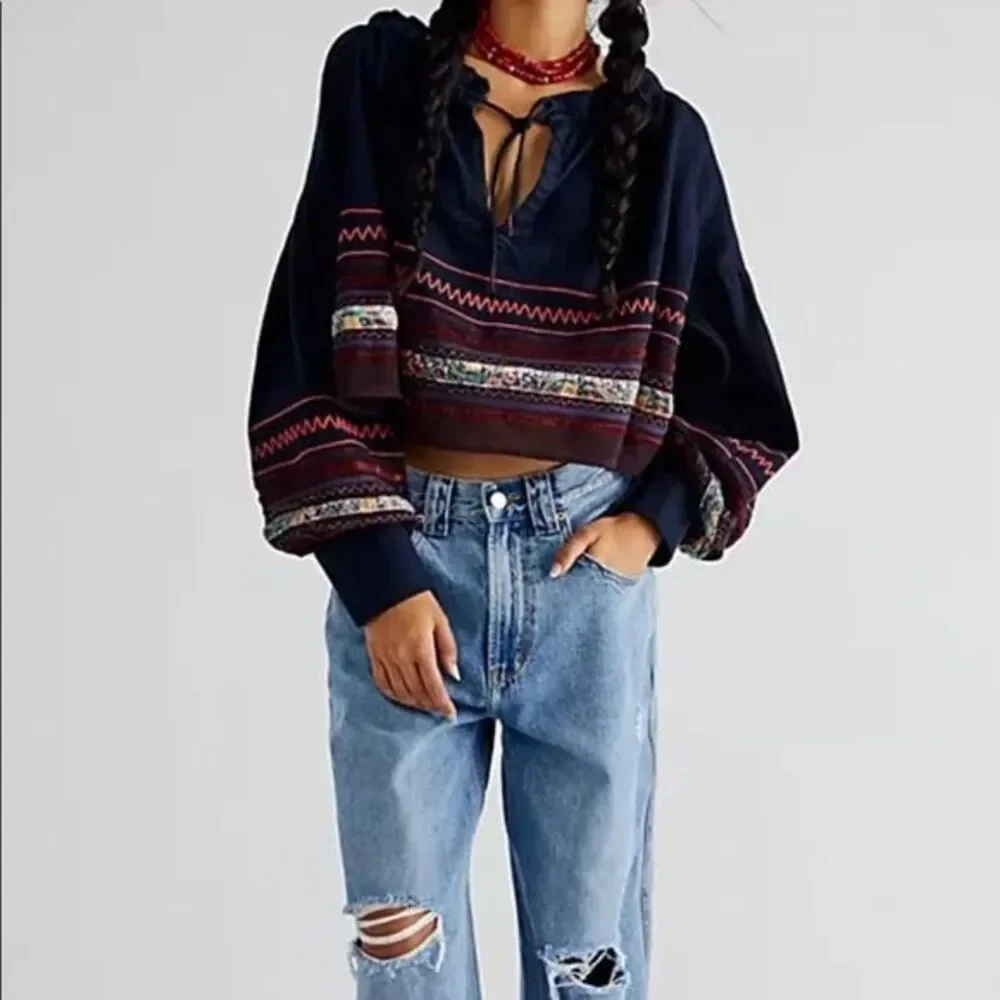 Free People We the Free Poppy Embroidered Indigo Top Small NWT